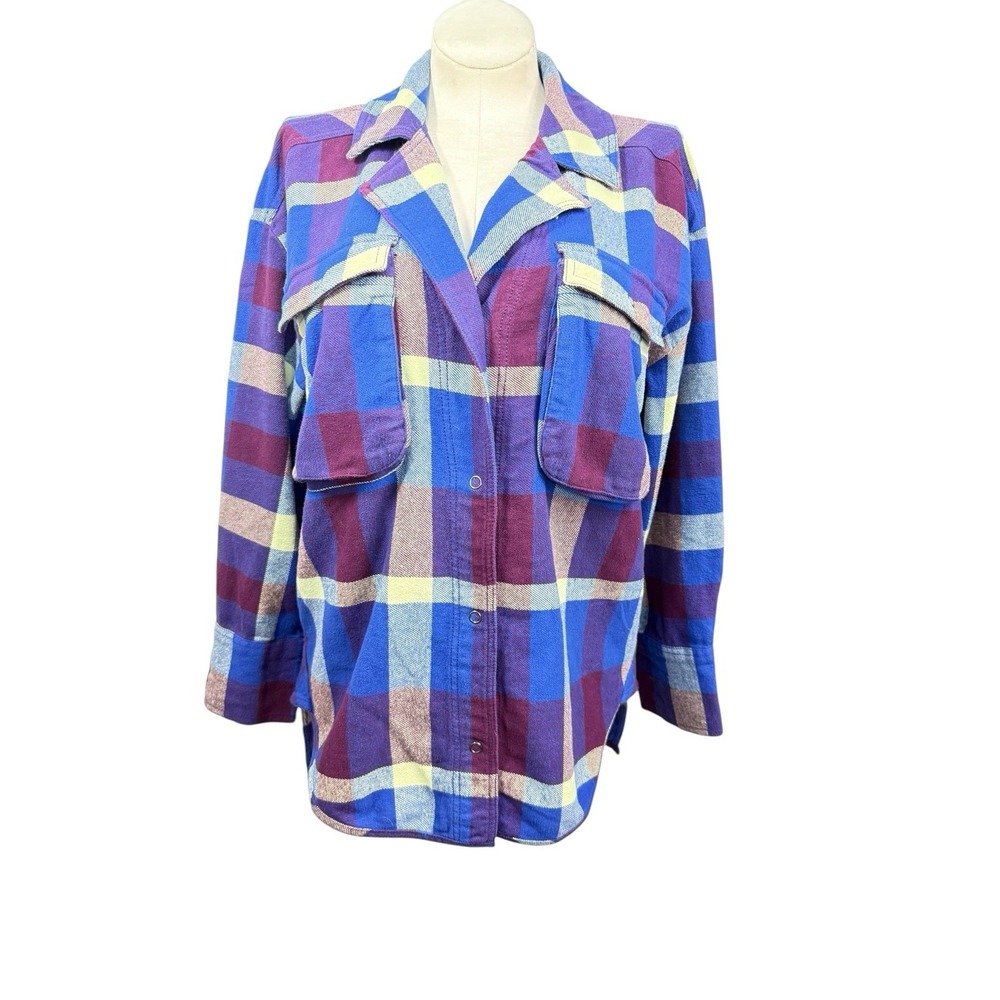 We‎ The Free S Multicolored Plaid Flannel Shirt Pockets Snap Closure Oversized